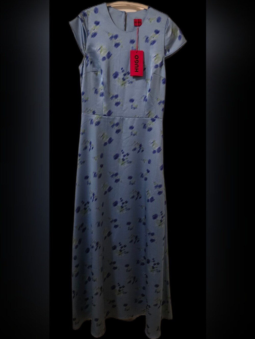 HUGO Blue Floral Maxi Dress Short Sleeve Round Neck Zip Closure Womens 2
